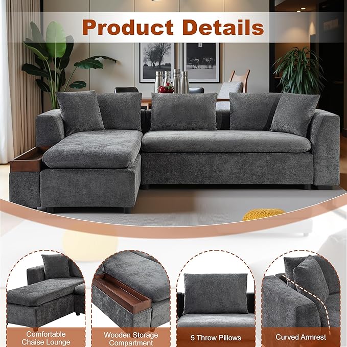 93.7" Sectional Couch, Upholstered Modular Sofa L Shaped Couch with Storage Compartment, Sectional Couches for Living Room and Office, Cool Grey