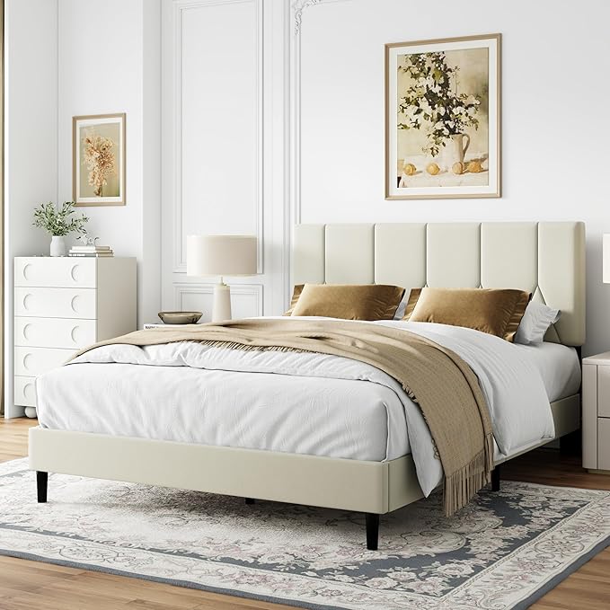 Queen Size Bed Frame, Platform Bed Frame with Velvet Upholstered Headboard, Queen Upholstered Mattress Foundation with Strong Wooden Slats, No Box Spring Needed, Noise Free, Easy Assembly