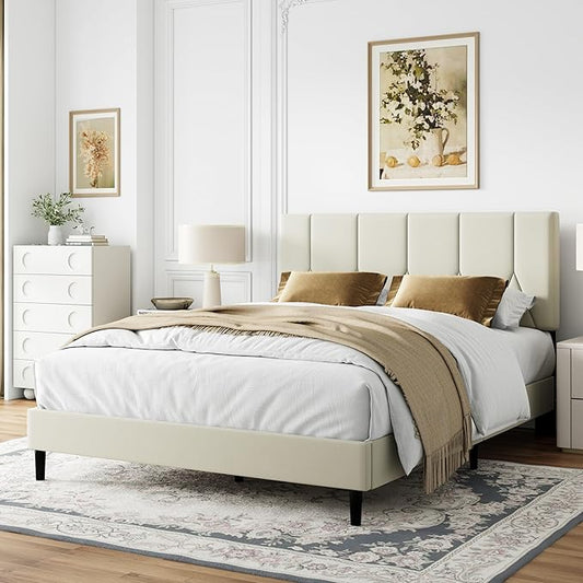 Queen Size Bed Frame, Platform Bed Frame with Velvet Upholstered Headboard, Queen Upholstered Mattress Foundation with Strong Wooden Slats, No Box Spring Needed, Noise Free, Easy Assembly