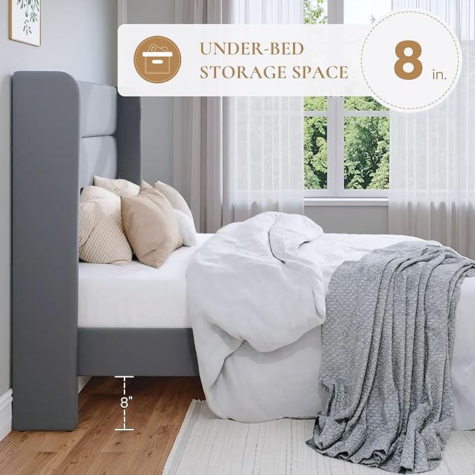 SHA CERLIN King Size Velvet Bed Frame/Vertical Channel Tufted Wingback Headboard/Upholstered Platform Bed with Wooden Slats/Mattress Foundation/No Box Spring Needed/Easy Assembly/Grey