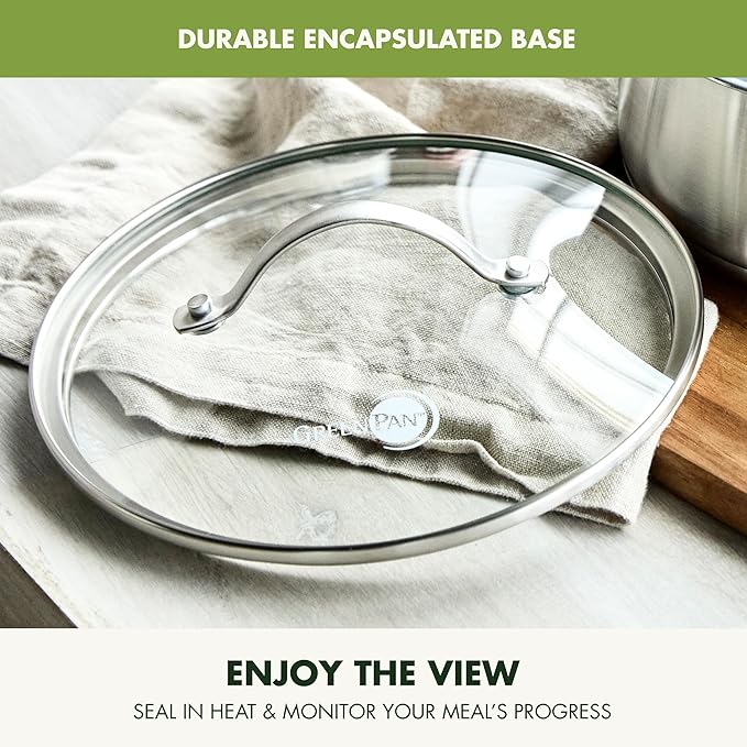 GreenPan Treviso Stainless Steel Healthy Ceramic Nonstick, 12" Frying Pan Skillet with Lid, PFAS-Free,Clad, Induction, Dishwasher Safe, Silver