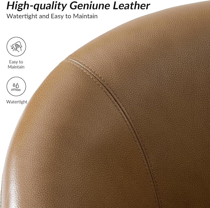 HULALA HOME Genuine Leather Swivel Accent Chairs Set of 2 with Solid Wood Base, Round Swivel Barrel Chairs for Living Room and Bedroom, Camel