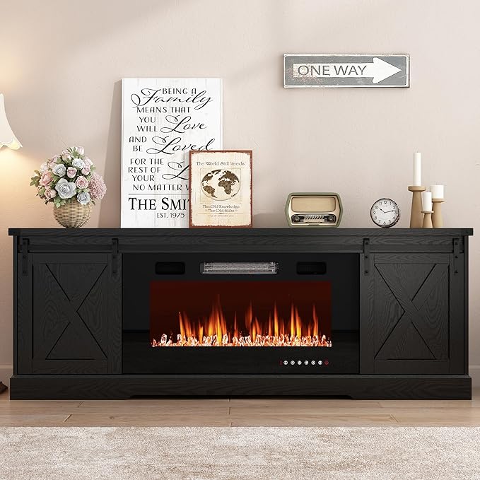 Farmhouse Fireplace TV Stand for 70/75/80 Inch TV, 70 inch Entertainment Center Storage Cabinets with 36”Electric Fireplace and Sliding Barn Doors, Media Console Cabinet for Living Room, Black