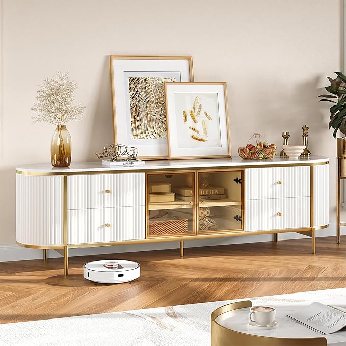Luxury 70" Fluted TV Stand for TVs Up to 75", Modern Entertainment Center with Faux Marble Top, Media Console with Curved Profile Design, Television Stands for Living Room, White