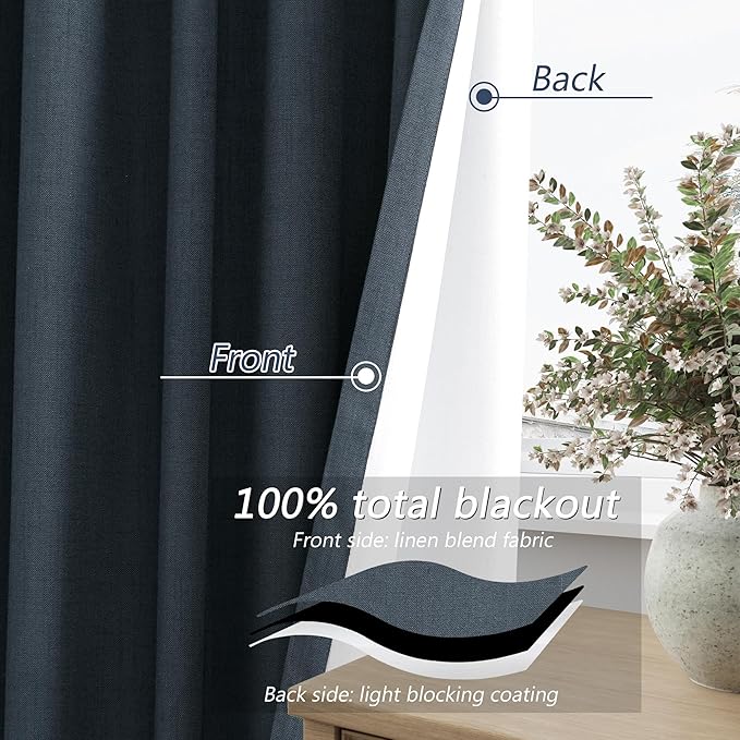 Guken 100% Blackout Linen Curtains 108 Inch Length 2 Panels Set for Living Room Bedroom Back Tab Thermal Insulated Black Out Linen Drapes Room Darkening Window Curtains,Vintage Blue