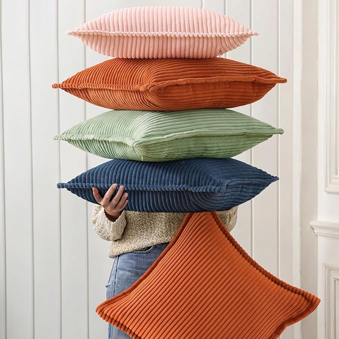 decorUhome Fall Corduroy Rust Throw Pillow Covers 18x18 Set of 2 Decorative Soft Boho Striped Neutral Euro Farmhouse Couch Pillow Covers with Broadside for Living Room Bed Sofa
