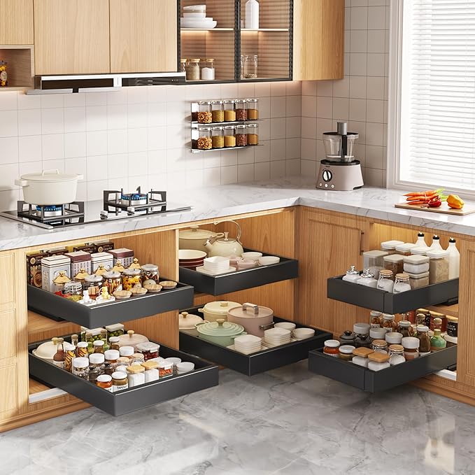 2 Pack Pull Out Cabinet Organizers 21" Deep With Raising Pad for Framed Cabinets, Expandable Width (9"-14") Slide Out Drawers Upgrade 3 Slide Rails, Roll Out Shelves Adhesive, Black