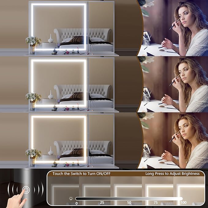 Vanity Desk with Mirror and Lights, Large Storage Makeup Vanity with 7 Drawers, White Vanity Desk Table with Side Glass Cabinet, Adjustable Brightness Vanity Set with Stool for Dressing Room