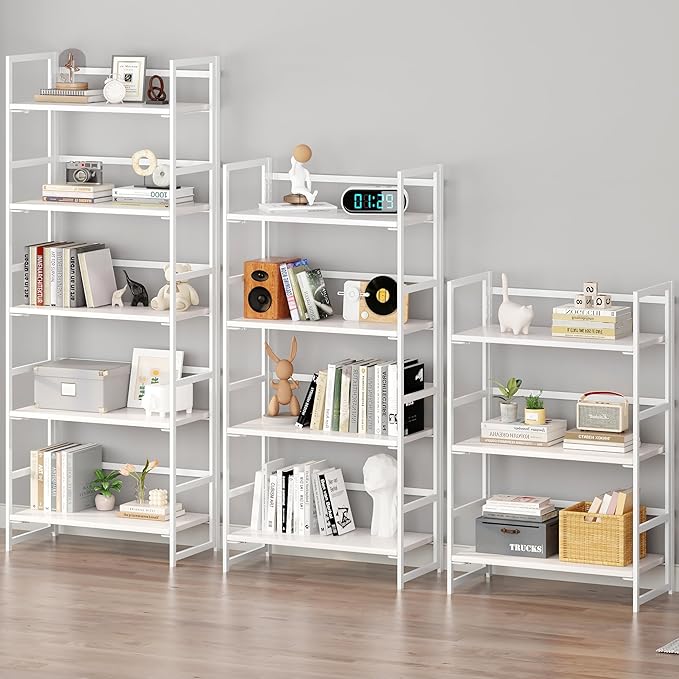 BHG Vintage Multifunctional Folding Bookshelf, No-Assembly Plant Stand Storage Rack Shelves for Home Office (All White, 5-Tier)