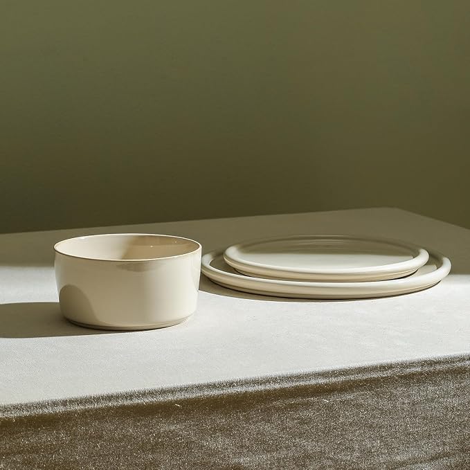 Stone Lain Eden 12-Piece Dinnerware Set Stoneware, Plates and Bowls Set, Dishwasher and Microwave Safe Dish, Dish Set for 4, Beige