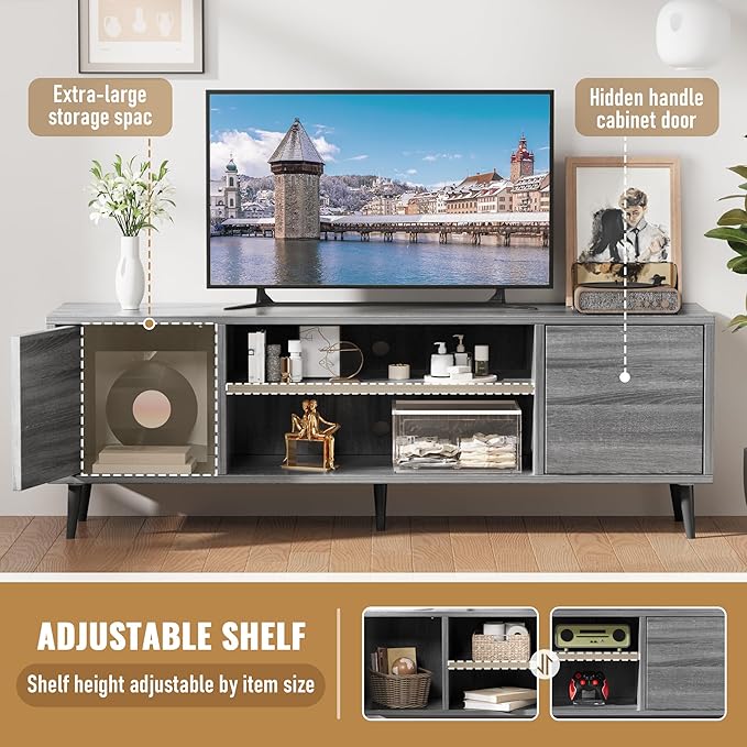 Flamaker Mid Century Modern TV Stand for 65 inch TV, Entertainment Center with Storage, Media Console with Sturdy Legs, Push-to-Open Cabinets, Wooden Living Room Furniture, Bright Gray