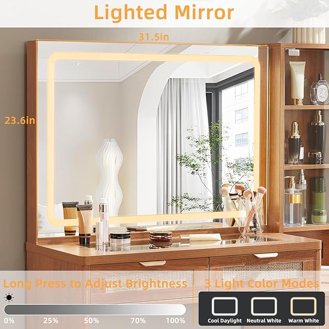 LEYAOYAO Rattan Vanity Desk with Mirror and Lights, 43.5'' Boho Makeup Vanity with 6 Drawers and Adjustable Shelves, Brown Make Up Vanity Dressing Table with Glass Top and Power Outlet for Bedroom