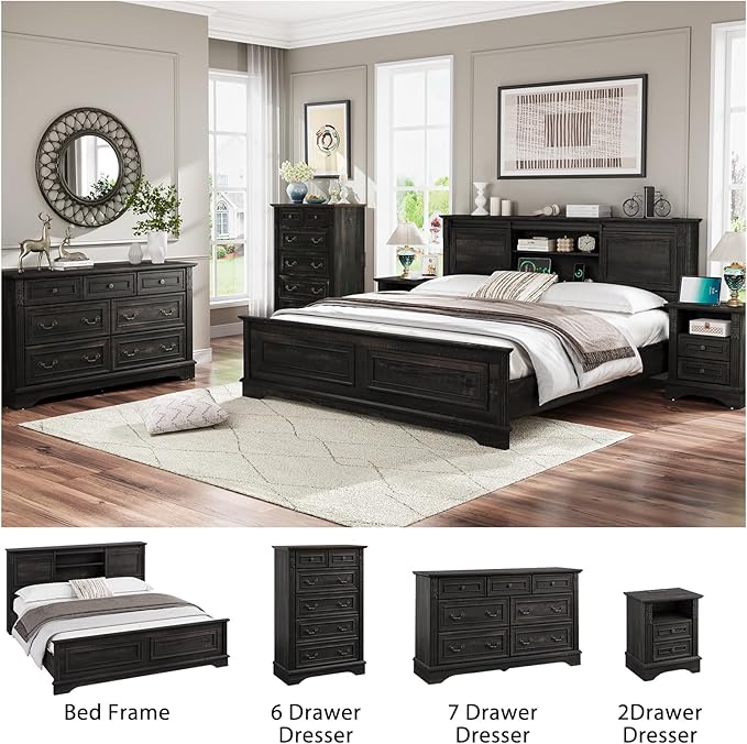 Farmhouse 6 Drawers Dresser, Wood Dressers for Bedroom, Tall 6 Chset of Drawers with Carved Wood Pilasters, Rustic Dressers Organizer for Bedroom, Hallway, Black