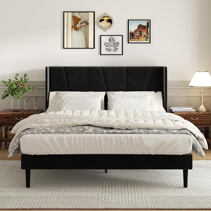 Queen Bed Frame with Headboard and Wingback, Velvet Upholstered Platform Bed, Mattress Foundation with Wooden Slat Support, No Box Spring Needed, Easy Assembly, Noise Free, Black