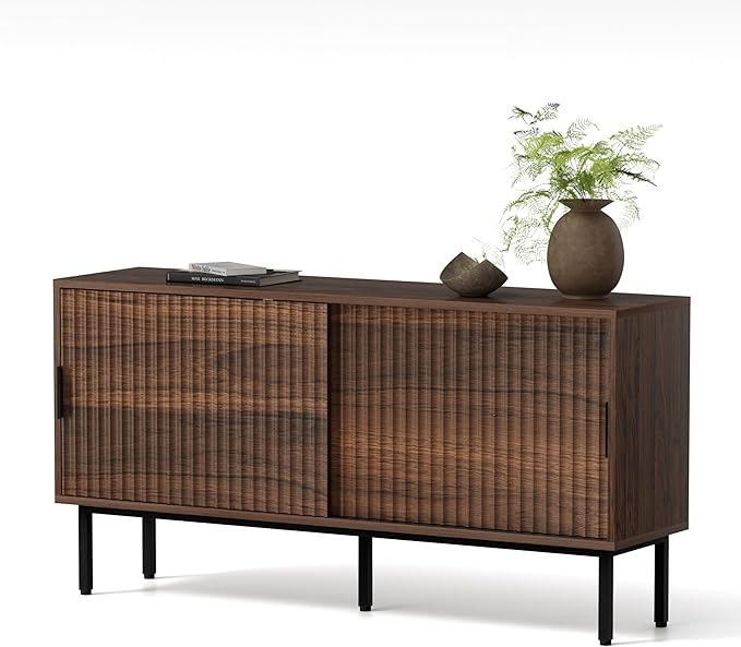 Fluted Tv Stand with Sliding Doors, 47" Mid Century Storage Cabinet with Adjustable Shelf, Wooden Media TV Console Entertainment Center for Living Room, Brown