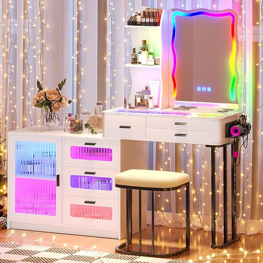 RGB Makeup Vanity Desk with Wireless Charging Station,Vanity Mirror with Lights Desk and Chair,8 Drawers,Stool,7 Dynamic and 7 Static Dimmable Vanity Table with Glass Desktop