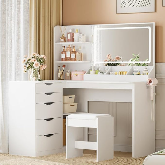JUMMICO Makeup Vanity Desk with Mirror and Lights, L- Shaped Vanity, Modern Vanity Table with 5 Drawers & Adjustable Shelves, Power Outlet with Fast Charging, for Bedroom (White)