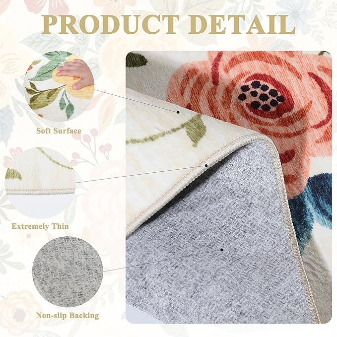 DUKINO 2x6 Runner Rug for Hallway, Washable Kitchen Runner Rug with Non Slip Backing, Low Pile Soft Boho Floral Runner for Kitchen, Hallway, Entryway, Laundry, Bedroom, Beige Yellow