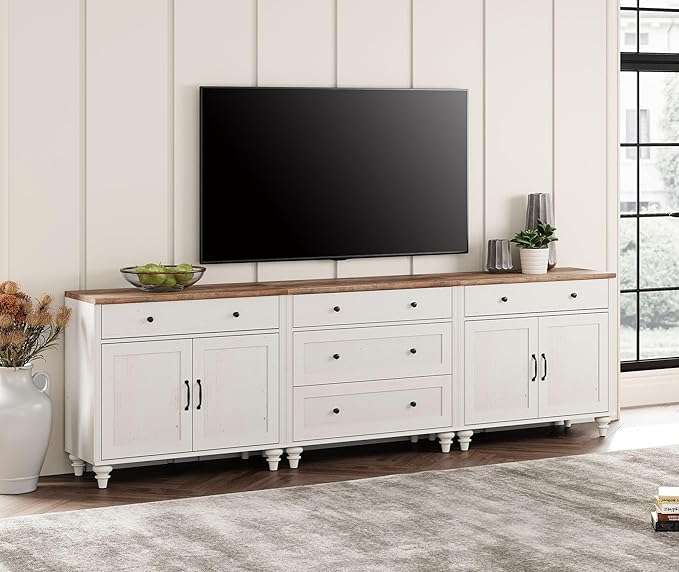 WAMPAT Farmhouse TV Stand for 100 Inch TV, 3-in-1 TV Console Table for 75/80/85/90 Inch TV, Entertainment Center with 5 Drawers and 4 Doors, Kitchen Sideboard Buffet Cabinet for Dining Room, White