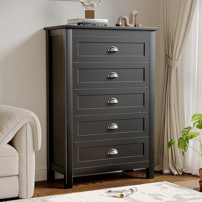 5 Drawer Dresser, Farmhouse Tall Dresser for Bedroom, Antique Black Chest of Drawers, Modern Dressers for Bedroom, Closet