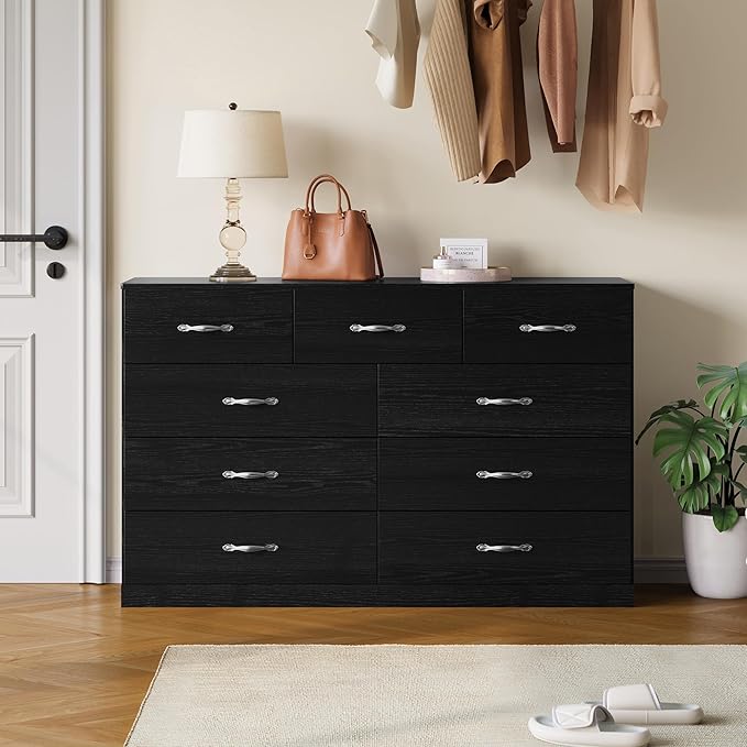 LINSY HOME 9 Drawer Dresser for Bedroom, 54" Wide Chest of Drawers, Modern TV Stand Dressers with Wood Frame and Metal Handles, Large Drawer Organizer for Bedroom, Living Room, Black