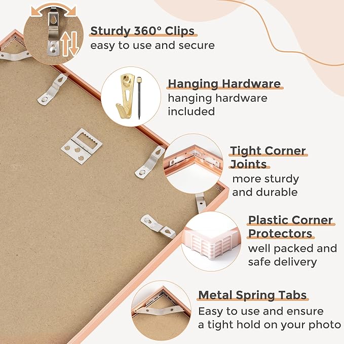 13x19 Metal Picture Frame for Wall With Mat for 11x17, 13''x19'' Aluminum Photo Frames With Tempered Glass for Home Decor, Minimalist Modern Poster Frame Horizontal Vertical Formats, 3 PCs, Rose Gold