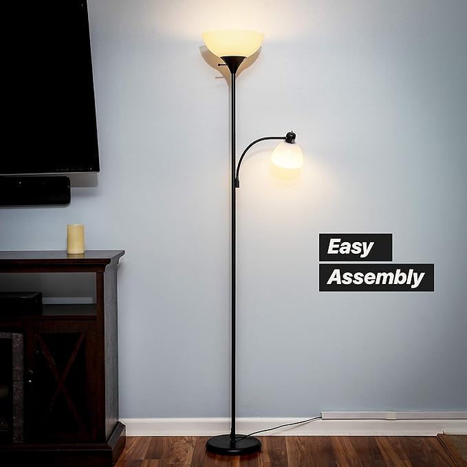 Brightech Sky Dome Plus LED Floor lamp, Torchiere Super Bright Floor Lamp with Reading Lamp for Living Rooms & Offices - Dimmable Tall Standing Lamp for Bedroom Reading - Black