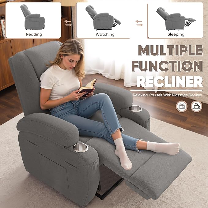 Power Lift Recliner Chair with Massage Electric Lift Chair for Elderly, Ergonomic Recliner with Cup Holders & Side Pockets, Modern Single Sofa for Living Room (Fabric, Grey)