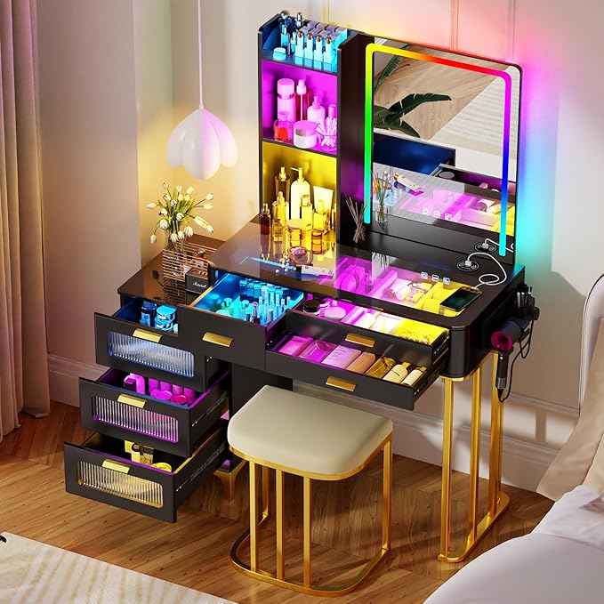 HNEBC Vanitys with HD Glass Display Table, Makeup Desk with Lighted Mirror and Charging Station, Dressing Table with RGB Lights,Jewelry Organizer,Cabinet,6Drawers,Chair for Women/Girls (Black)