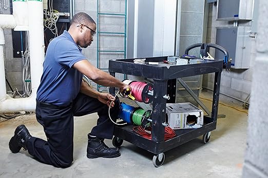 Rubbermaid Commercial Products 2-Shelf Utility/Service Cart, Medium, Black, Lipped Shelves, Ergonomic Handle, 500 Lbs Capacity, forfor Warehouse/Garage/Cleaning/Manufacturing