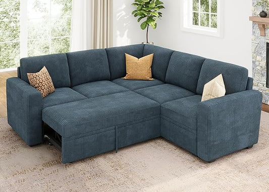 HONBAY Modular Sectional Sleeper Couch with Pull Out Bed, Corduroy L Shaped Sofa with Storage, Convertible Sectional Couches for Living Room, Blue