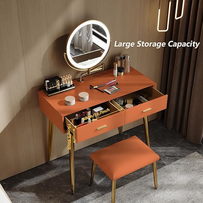 IKuinen Makeup Vanity Desk with Mirror and Lights, Small Vanity Table with 2 Drawers, Stool,Vanity Set for Bedroom with Microfiber Leather, 3 Lighting Modes - 31.5In Orange
