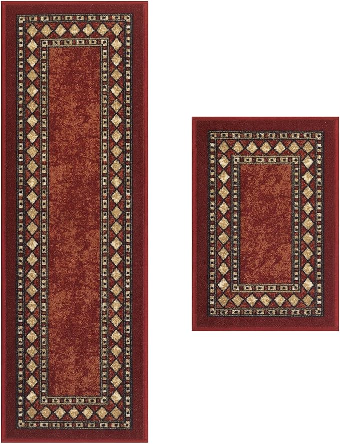Antep Rugs Alfombras Modern Bordered 2pc Non-Skid (Non-Slip) Low Profile Pile Rubber Backing Indoor Kitchen Runner Rugs (Maroon Beige, 2pc Set)