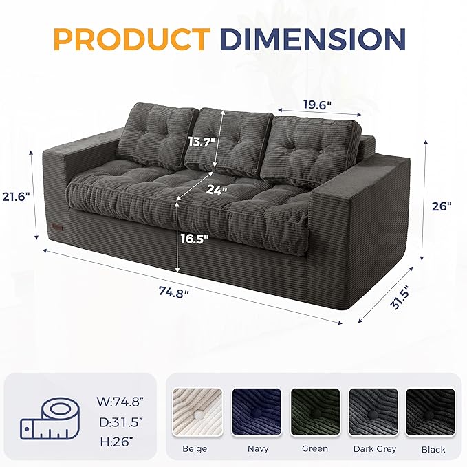MAXYOYO 3 Seater Couch for Living Room, Boneless Couch with Tufted Cushion & Backrest, Upholstered Floor Sofa with Armrests, Sofa in A Box, No Assembly Required, Dark Grey