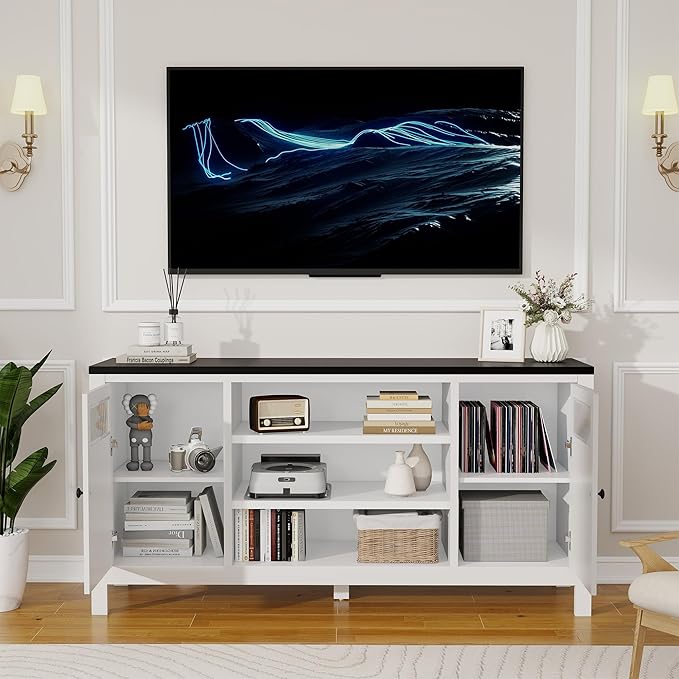 Tv Stand for Living Room: 63" Tv Entertainment Center with Storage, White Media Console Cabinet with 2 Doors, Suitable for 50-70 Inch Television（White）