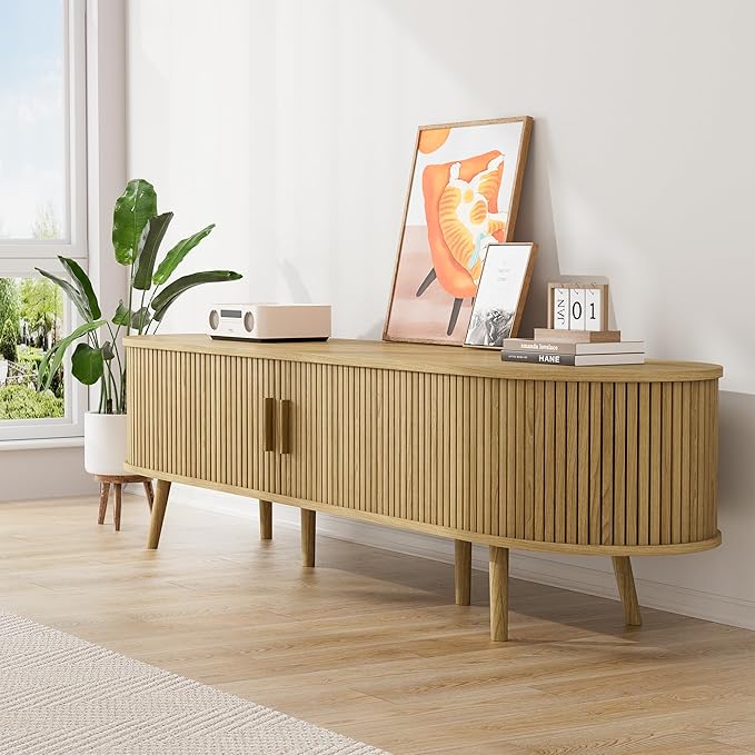69" Fluted TV Stand, Mid Century Modern TV Stand Fits TVs Up to 75", Wood Entertainment Center for Living Room, Farmhouse TV and Media Console Table with Storage, Curved Edge and Sliding Door, Oak