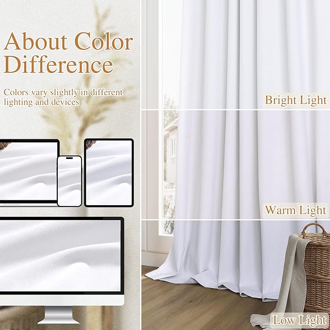 Guken White Linen Blackout Curtains 54 Inch Length 2 Panels Set for Living Room Bedroom Back Tab Thermal Insulated 100% Black Out Linen Drapes Room Darkening Window Curtains 54 Inches Long White