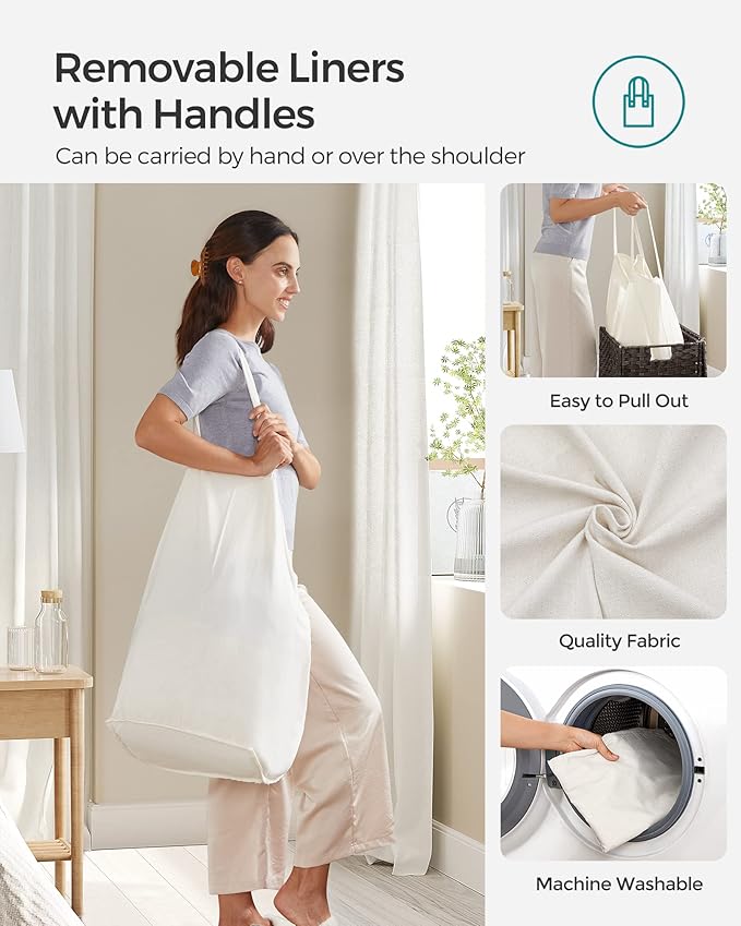 SONGMICS Laundry Hamper with Lid, 110L Clothes Hamper with 2 Removable Liner Bags, 6 Mesh Bags, Wicker Laundry Basket, Double Laundry Hamper for Bathroom, 13 x 22.4 x 23.6 Inches, Brown ULCB052K02