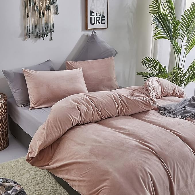 Luxlovery Pink Velvet Comforter Set Full Dusty Pink Flannel Plush Bedding Comforter Set Winter Thick Warm Solid Haze Pink Quilts Blanket Soft Heavyweight Comforter Set for Full Bed