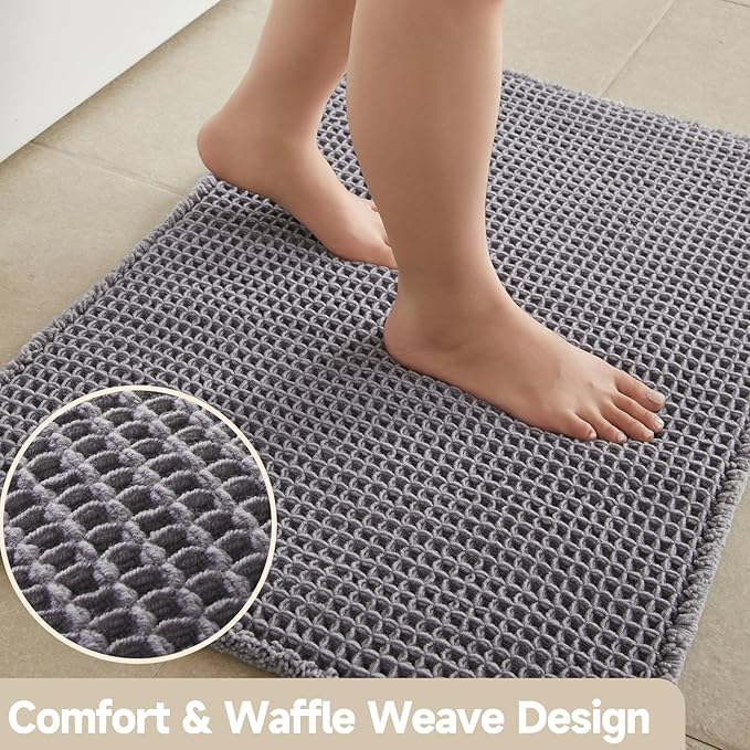 Waffle Bath Mat, Boho Bathroom Rugs Non Slip Washable Super Absorbent Quick Dry Bath Mat Farmhouse Bathroom Decor, 24"x16" Grey