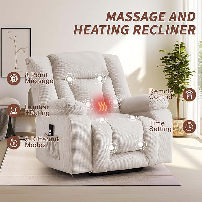 Oversized Dual Motor Power Lift Recliner for Adults, Electric Lift Chair with Heating and Massage, Waffle Fabric Electric Recliner Chair with Side Pockets, Wide Recliner for Living Room