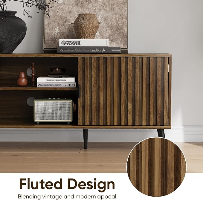 63" Walnut Fluted TV Stand with 2 Cabinets and Adjustable Shelf, Media Console Fits 30" to 70" TV for Living Room, Mid Century Modern Entertainment Center for Bedroom
