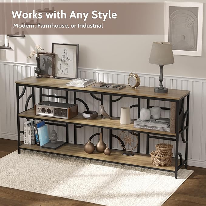 70.9-Inch Industrial Sofa Table, Extra Long Console Table Behind Couch with 3-Tier Storage Shelves, Rustic Brown Finish for Entryway, Living Room, Foyer, Hallway, and Office
