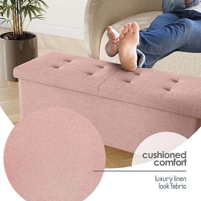 STORAGEBUD Storage Ottoman Bench with Bins, 43-in Storage Bench for Bedroom End of Bed, Folding Foot Rest Ottoman for Living Room Max 660lbs, Fabric Ottomans, Pink