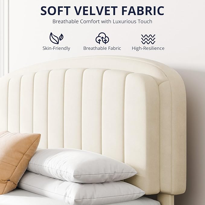 Cozy Castle Queen Bed Frame, Upholstered Platform Bed with Velvet Adjustable Curved Headboard, Mattress Foundation with Strong Wooden Slats, No Box Spring Needed, Easy Assembly, Cream