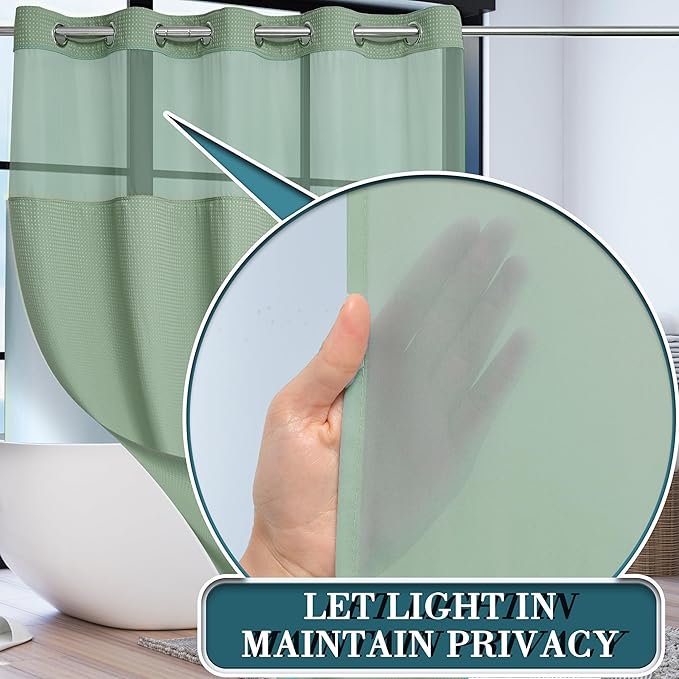 Conbo Mio No Hook Sage Green Waffle Weave Shower Curtain with Snap in Liner Set, Hotel Luxury Shower Curtains for Bathroom with See Through Top Window, Waterproof, Washable 71W x 74H