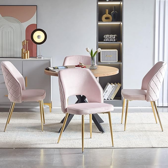 NORDICANA 5-Piece Dining Table Set for 4 - Space Saving 37-Inch Round Table and Chairs, 4 Seaters Dining Set with Upholstered Dining Chairs (Light Pink)