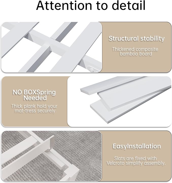 14 Inch Bamboo Bed Frame – Solid Wood Platform Bed Frame, Strong and Stable, with Non-Slip Slats for Support, No Box Spring Needed, Easy to Assemble, Noise-Free (White with Headboard, Queen)