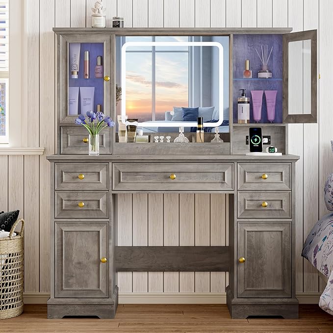 Makeup Vanity Desk with HD Lighted Mirror & Power Outlet, Farmhouse Vanity Table Set with Storage Drawers & RGB Cabinets, Large Dressing Table with 3 Lighting Modes for Women Kids Girls Bedroom, Grey