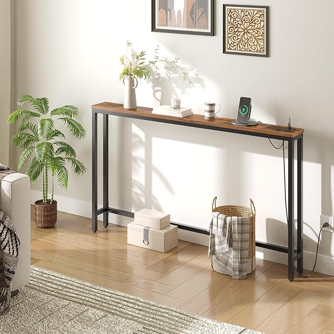 HOOBRO 55.1" Narrow Console Table with Power Outlets, 5.9" Behind Couch Table with Charging Station, Long Sofa Table, Skinny Entryway Table for Living Room, Hallway, Foyer, Rustic Brown BF145UXG01